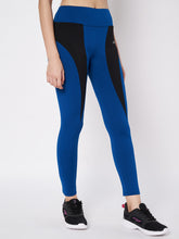 Waylene blue and black high-waisted sports leggings, side view showcasing sleek fit.
